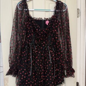 Black and Red Heart Print Sheer Sleeve Top